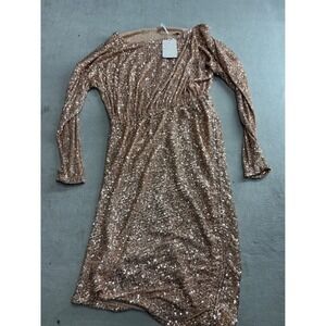 New Free People Rose Gold Sequin Long Sleeve Midi Dress Size S